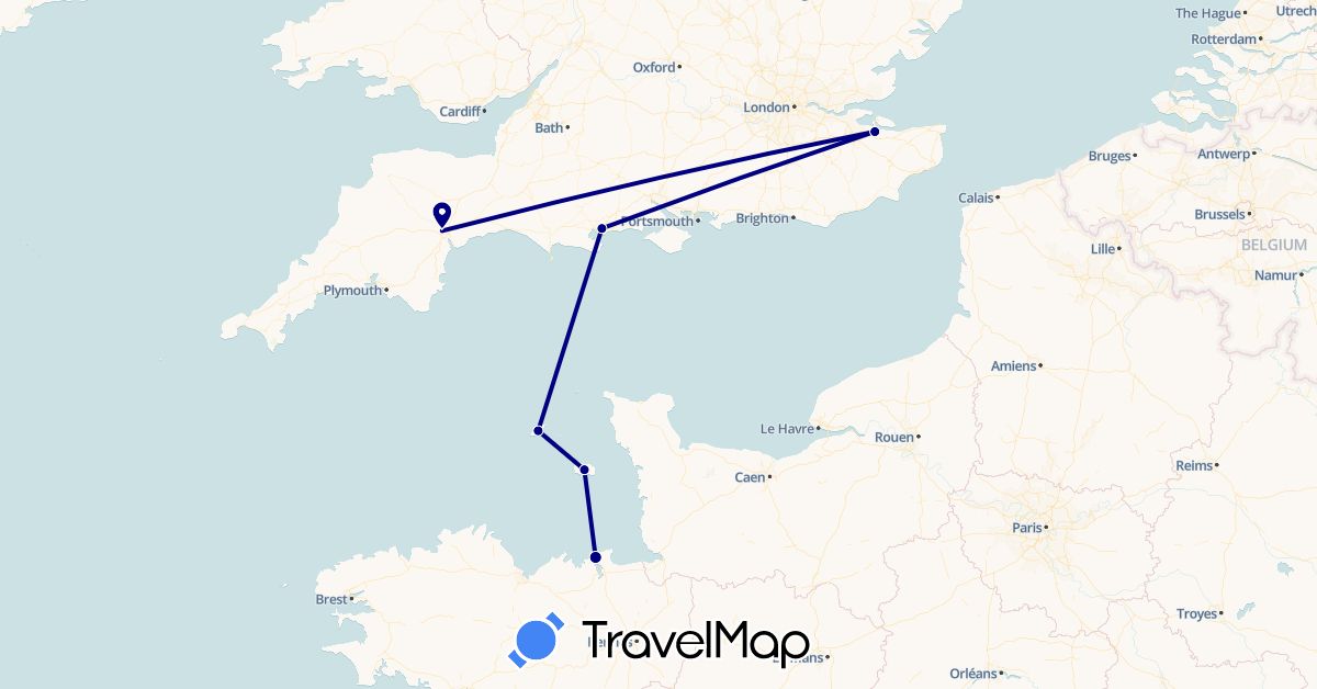TravelMap itinerary: driving in France, United Kingdom, Guernsey, Jersey (Europe)